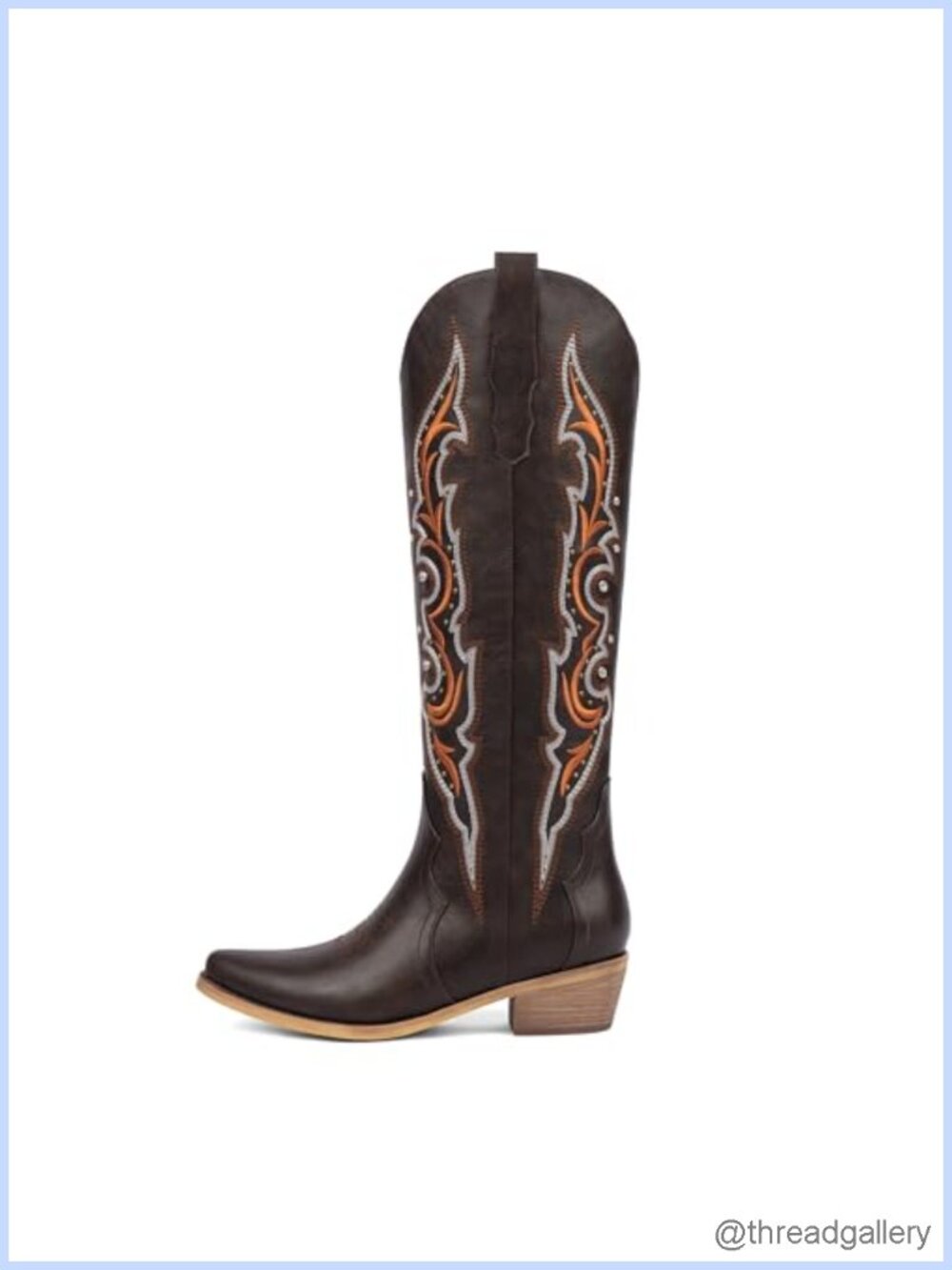 Rhinestone Embroidered Western Cowboy Boots Faux Leather Almond Toe Chunky Heel